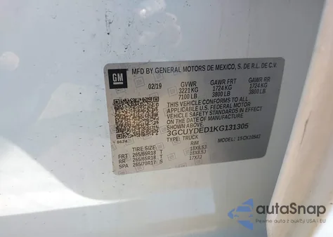 2019 Chevrolet Silverado 1500 Lt z USA, uszkodzony, nr VIN 3GCUYDED1KG131305